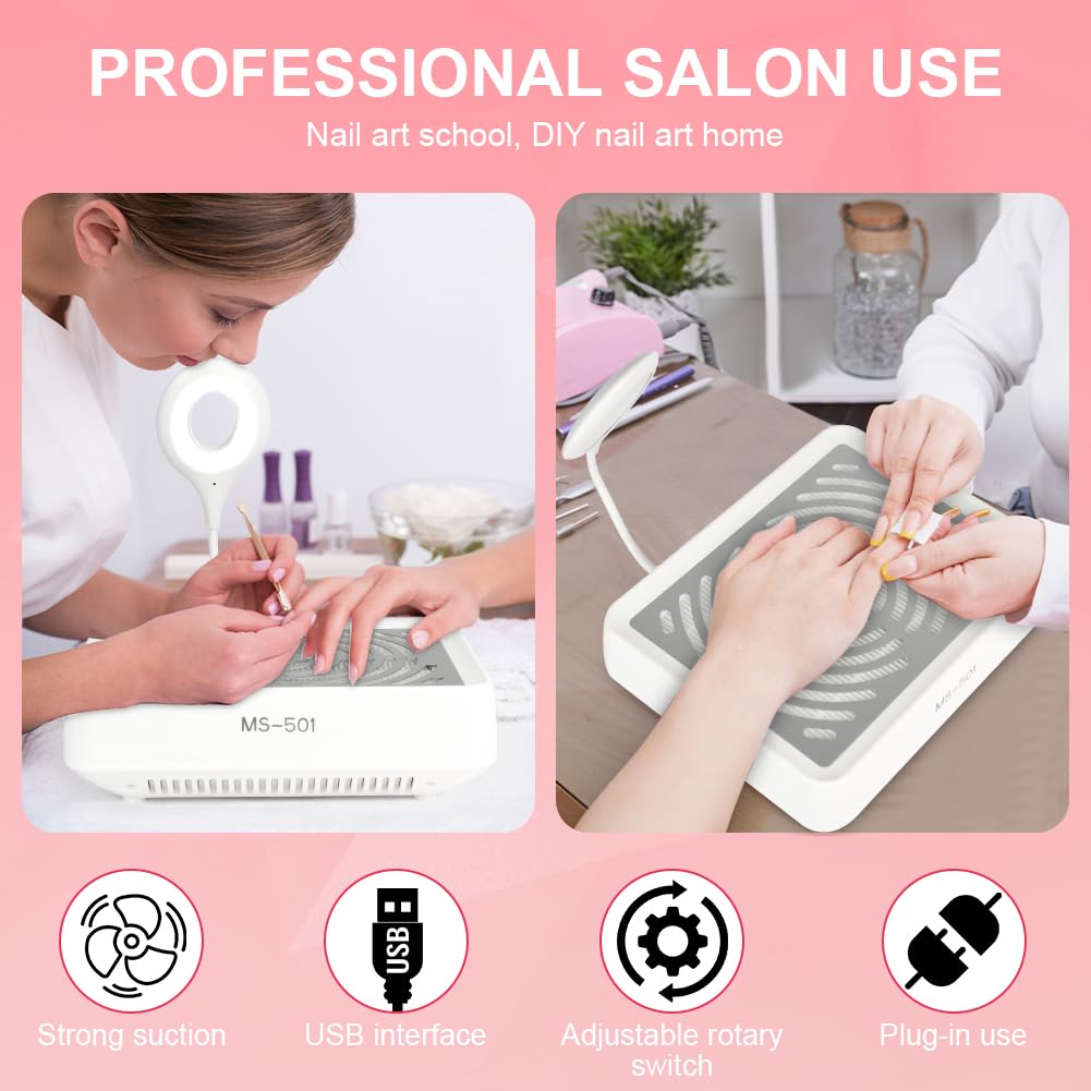 HOTUT Aspiratore di polvere per Unghie con Filtro Riutilizzabile, Aspiratore Unghie Professionale da Tavolo, con Luci a LED, Velocità Regolabile, Adatto ai Saloni per Nail Tech e Alle Abitazioni