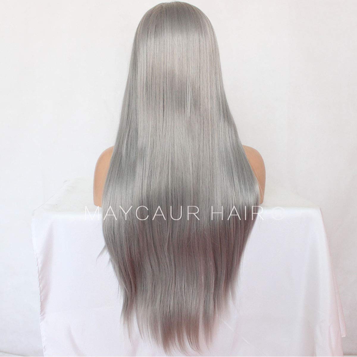 Maycaur 180 Density Gray Color Natural Straight Synthetic Lace Front Wigs for Women Glueless Natural Baby Hair