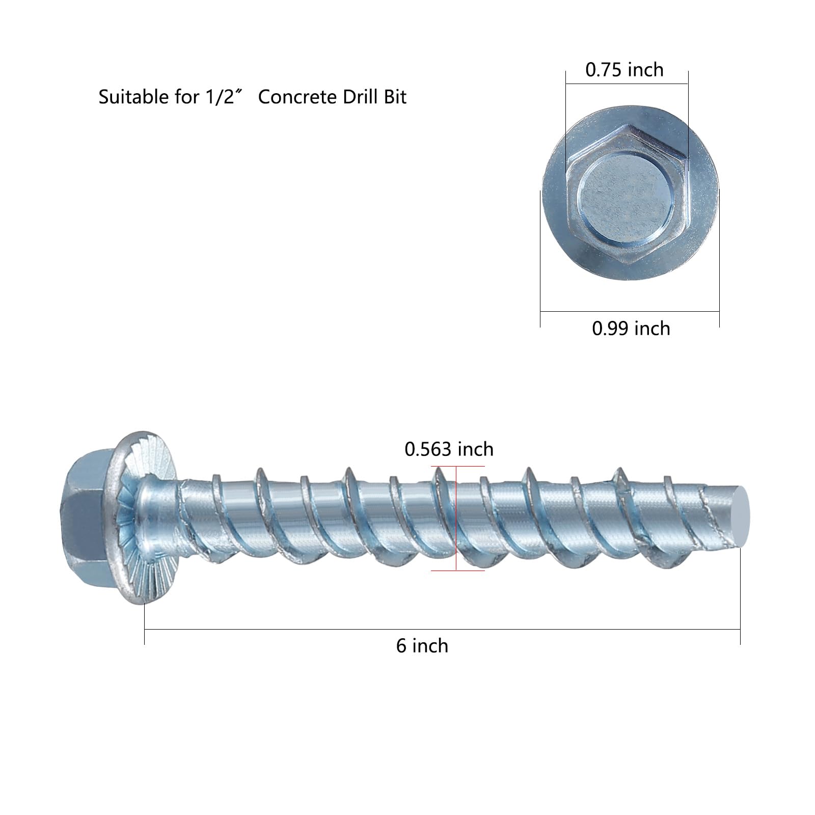 Wensilon Betonschrauben, verzinkt, 1,27 x 15,2 cm, echte Stärke, 14 mm, zur Verankerung an Mauerwerk, Ziegel oder Blockboden, 30 Stück