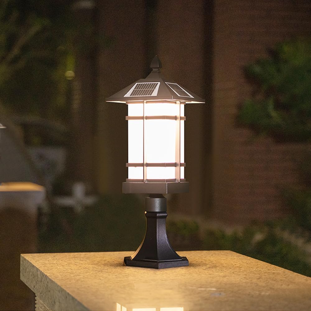 Solar Lantern Post Light Outdoor Column Lamp IP65 Waterproof Pillar Pole Lighting Fixture, Exterior Solar Powered Lamps for Garden, Yard, Landscape, Pathway