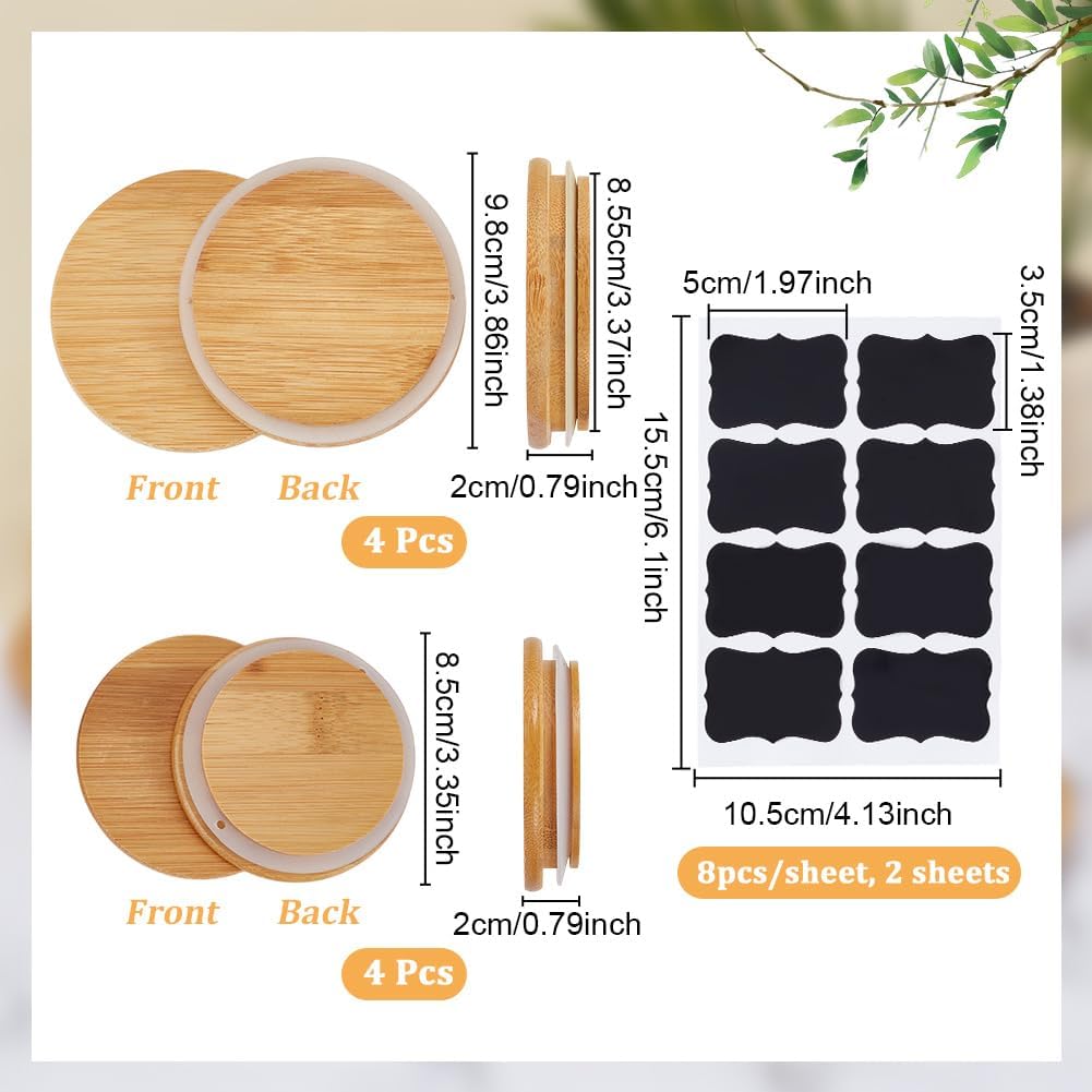 NBEADS 8 Pcs 2 Sizes Bamboo Glass Lids, 85/98mm Wooden Jar Lids Airtight Wooden Lid with Silicone Ring and Adhesive Sticker for Wide Mouth Can Mason Jars Container Sealing