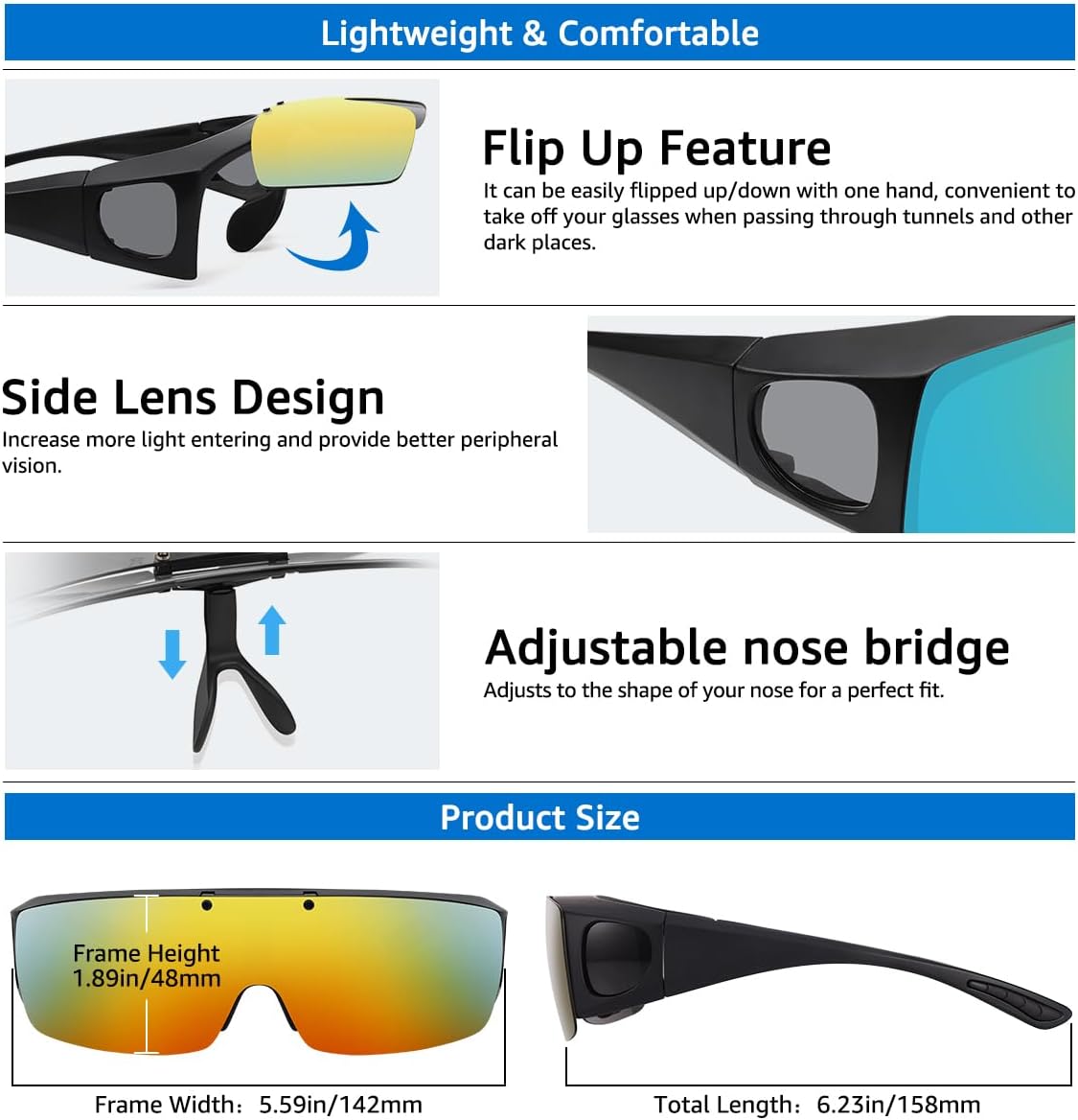Mens Polarized Flip Up Fitover Sunglasses with Mirrored Lenses - Image 5