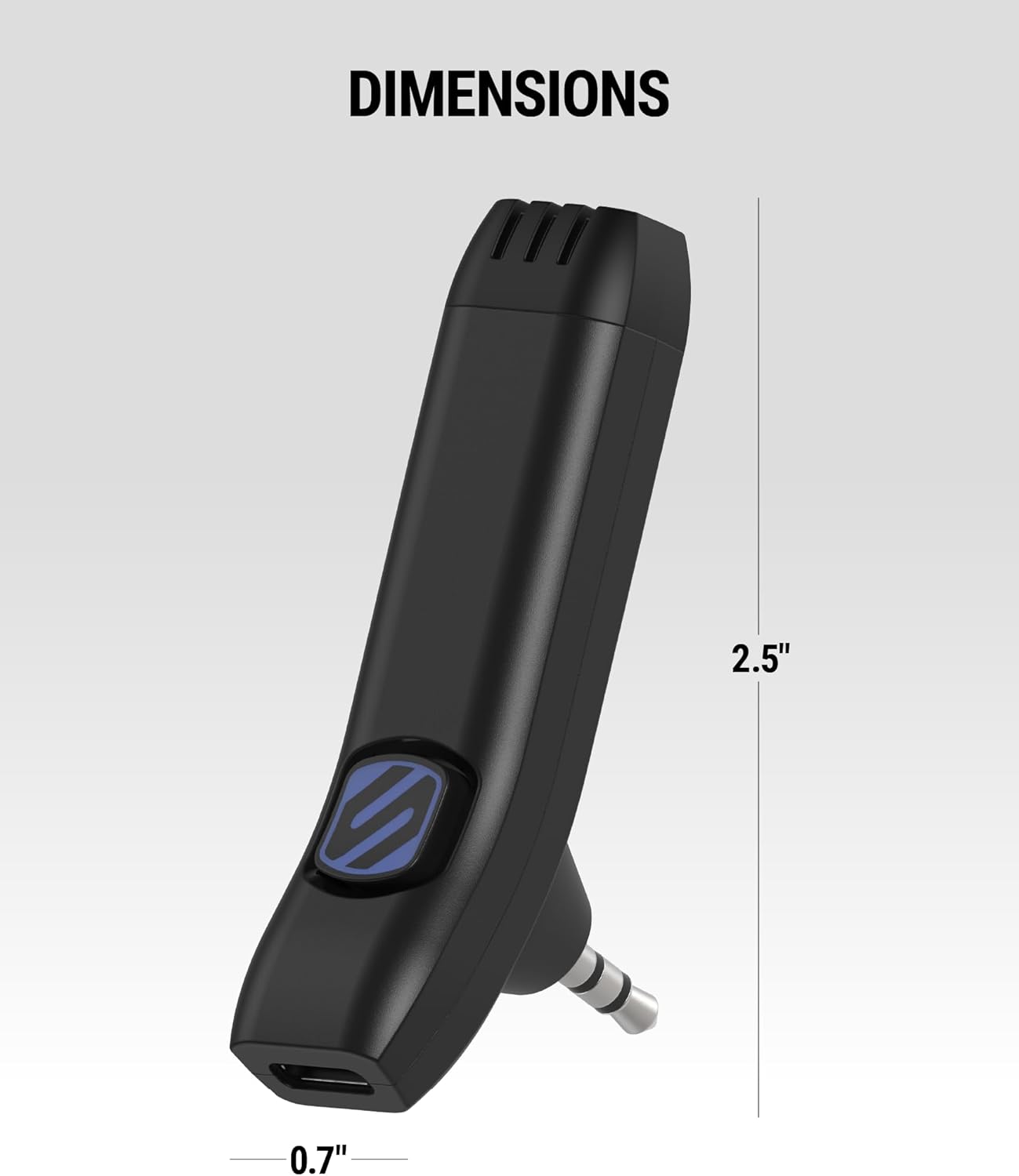 Diagram showing the dimensions of the Scosche BTAXS3 Bluetooth receiver: 2.5 inches in length and 0.7 inches in width.