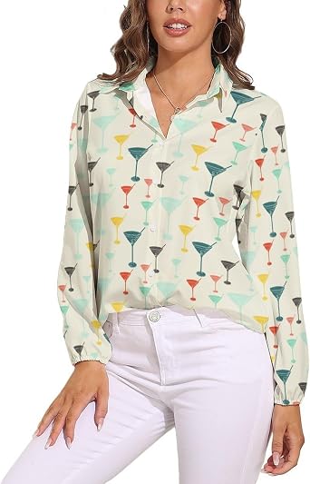 Women Long Sleeve Button Shirts Vintage Martini Glass Silhouettes Blouse Business Casual Dress Shirt Tops