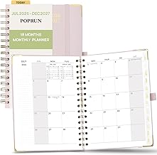 POPRUN Monthly Planner 2026-2027 Spiral Hardcover (6.25'' x 8.5''), 18 Months Calendar (Jan.2026-Jun.2027) - 2 Pages per Month with Dotted Note Pages, Sunday Start, Laminated Tab - Light Pink