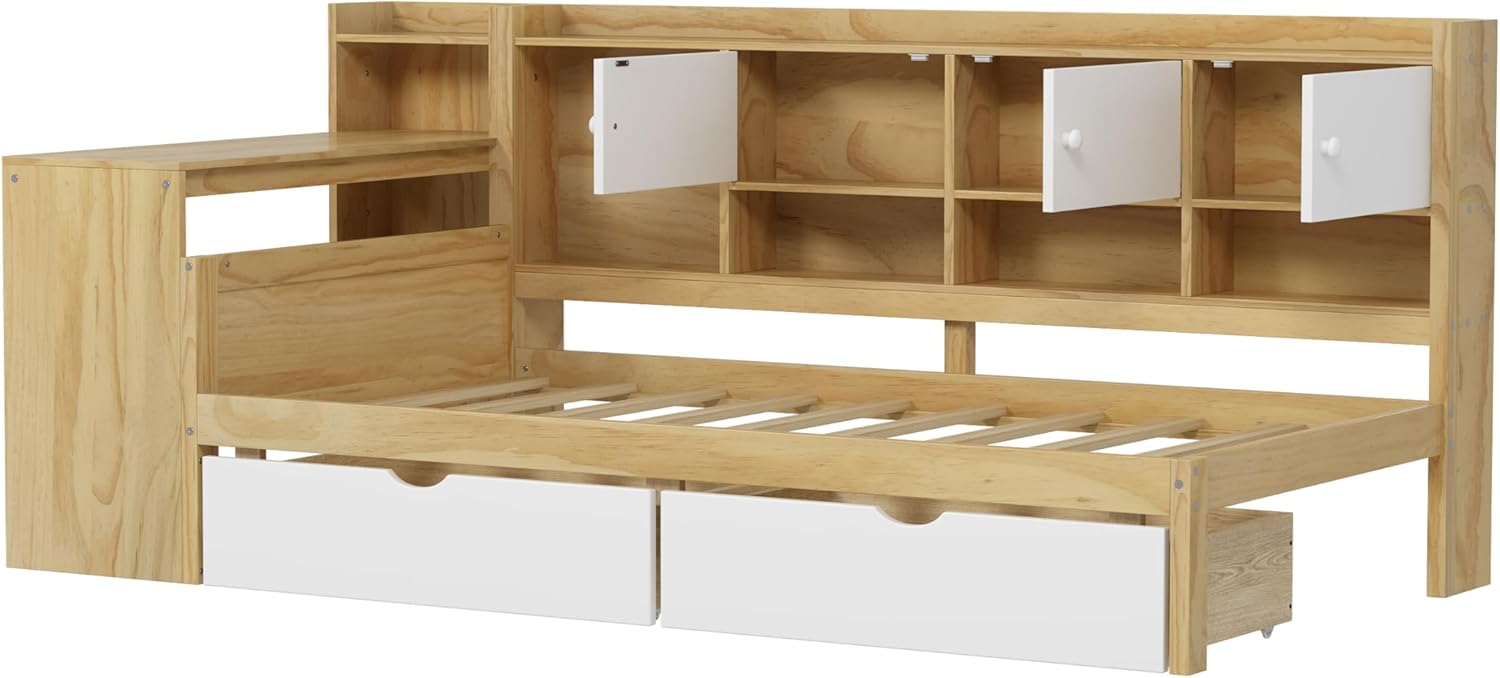 Twin Size Daybed with Storage Drawers & Bookcase, Solid Wood Corner Bed with Study Desk & Shelves, Multi-Functional L Shaped Bed with Convertible Headboard for Small Spaces, Natural