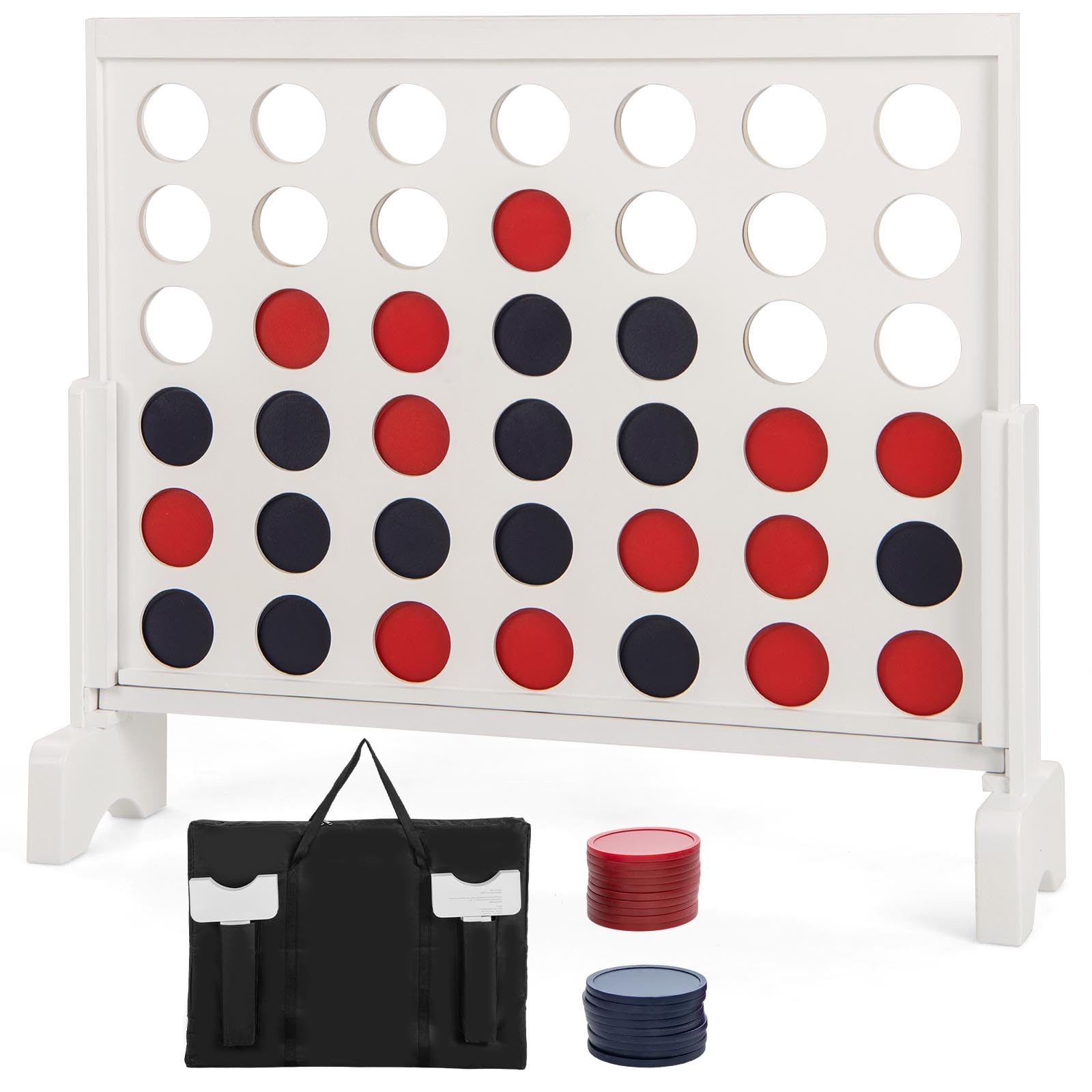 COSTWAY 4-to-Score Game, 4-in-a-Row Game Set with 42 PCS Jumbo Rings & 600D Oxford Fabric Carrying Bag, One-Hand Release Lever, Wooden Line-up-4 Game for Camping, Parties & Gatherings (White)