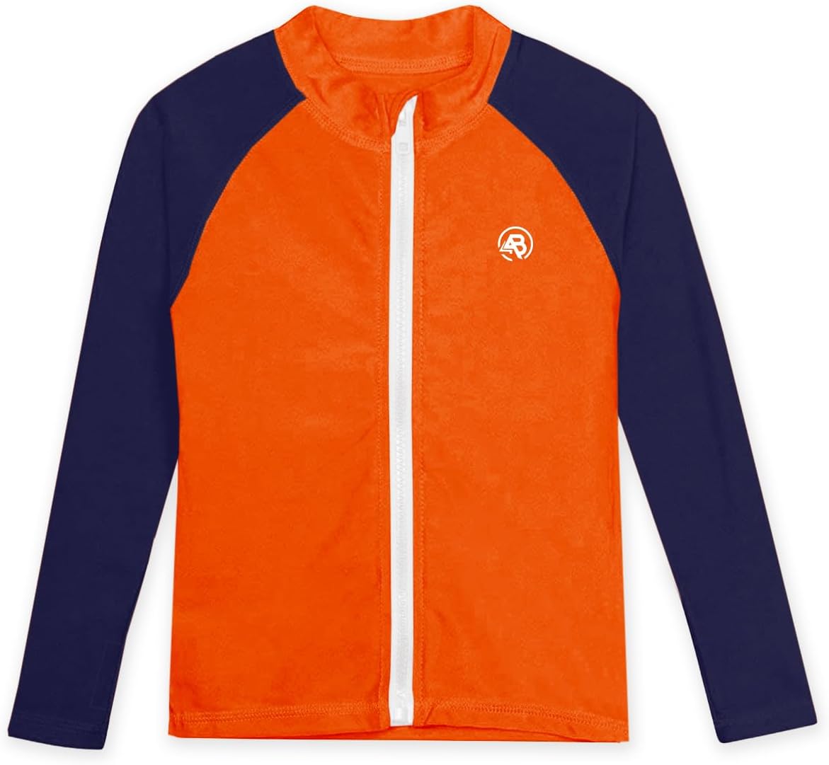 AOBUTE Kids Zip Swimming Shirt Boy Long Sleeve UPF 50+ UV Protective Quick Dry Rash Guard with Thumbholes Orange Navy 9-10Y - Image 4