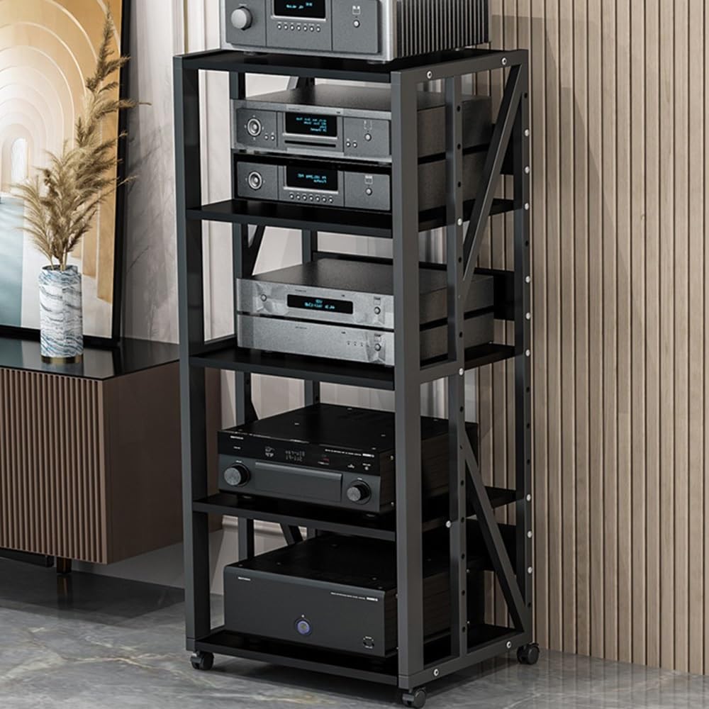 CWCQGH Adjustable 5 Tier Media Stand with Wheels Movable Audio Rack for Stereo & Height Adjustable Media Storage Cabinet Black Finish Perfect for Home Theater & Entertainment Ce,Black-5 Tier