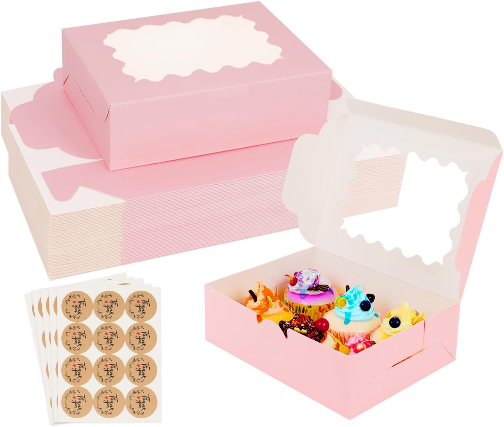 100Pack 8x6x2.5 Cookie Boxes, Pink Bakery Boxes for Baked Goods, Cookies, Pastry, Strawberries, Macarons