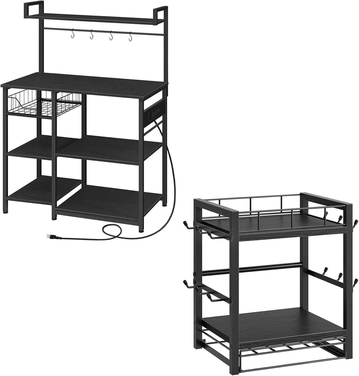 HOOBRO Bakers Rack and Coffee Mug Cup Holder Bundle, Microwave Oven Stand with Mesh Basket, 12 Hooks Mug Stand Rack with Sliding Drawer for 30 K-Cup Pods, BB05HB01-BB11TL01