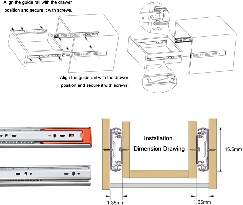 1 Pair 300 mm Drawer Runners for Drawers, Full Extension with Mute Softclose Ball Guide, Load Capacity 30 kg, with Self-Closing, Damping, Screws
