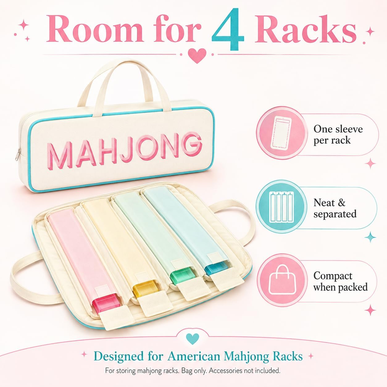 Mahjong Rack Storage Bag for 4 Racks, 4-Compartment Travel Case, Beige image 2