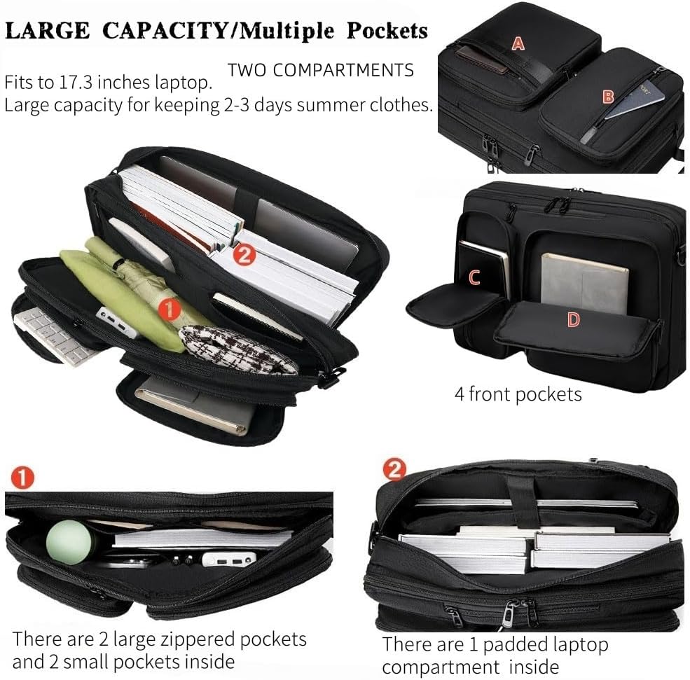 3 in 1 Laptop Bag for Men 17.3 Inch Laptop Backpack Computer Bag for Business/Work/Travel Convertible Backpack Messenger Shoulder Bag for Men Women Black