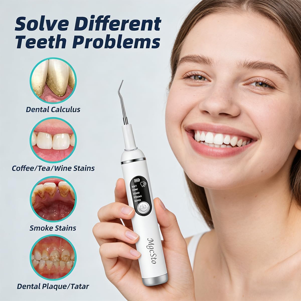 Ultimate Electric Teeth Cleaner - Ultrasonic Tooth Cleaning, Violet Light Protection, 316F Stainless Steel Heads, 5-Speed Modes, IPX6 Waterproof, Oral Care Kit with 11 Accessories‌ (White)