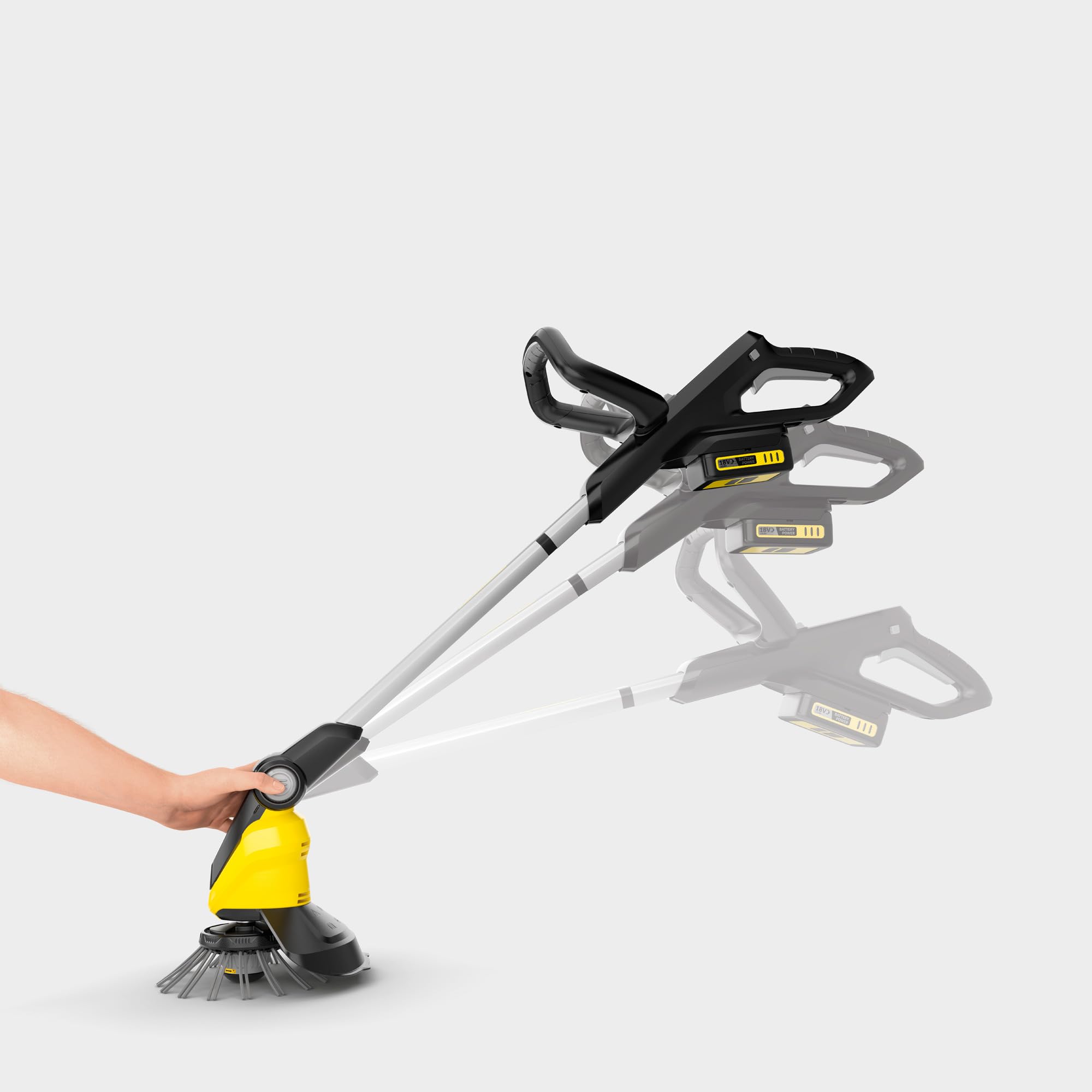 KÄRCHER Désherbeur sans Fil WRE 18-55, Batterie 18 V, Vitesse de Rotation : 2300-2800 TR/Min, Diamètre de la Brosse : 180 mm, Poils en Nylon, Protection Anti-éclaboussures, avec Batterie et Chargeur