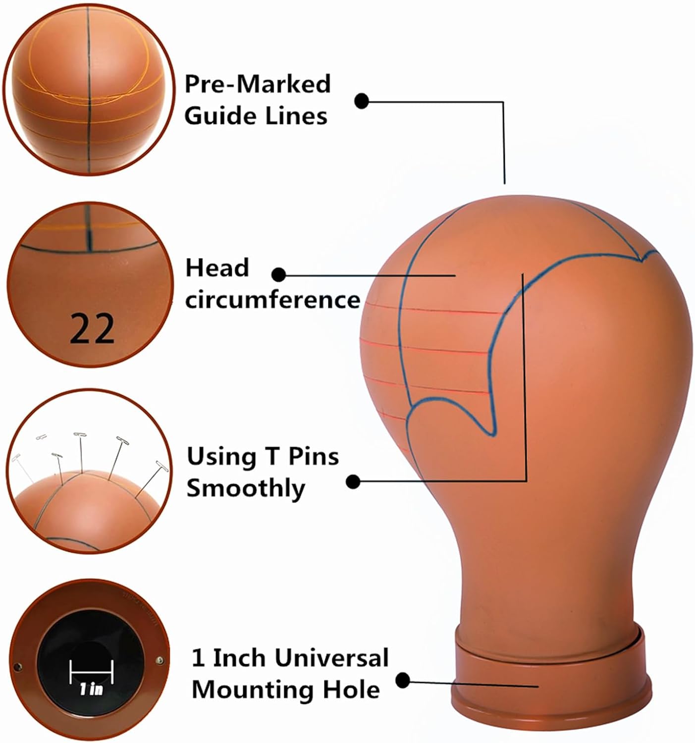 Mannequin Head for Wigs with Guide Lines, Pre-Marked Wig Head for Wig Making and Styling, Suitable for Almost All Wig Stands, Sturdy for 10 Years, 22 Inch, Brown