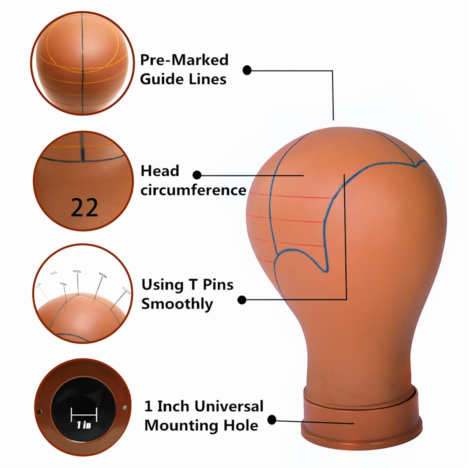 Mannequin Wig Head with Guide Lines, 22-Inch Brown
