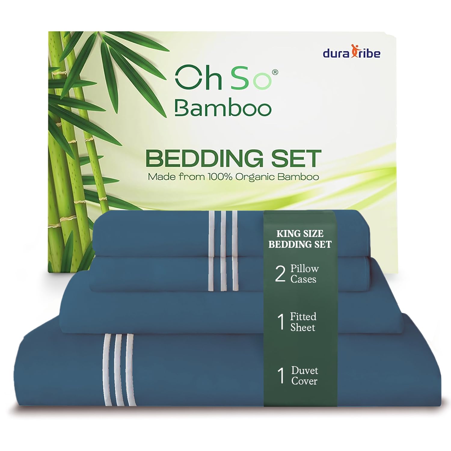 DURA TRIBE Oh So Bamboo Bedding Set 4 Piece King - Real Teal - Hypoallergenic Duvet Cover, Fitted Sheet & 2 Pillowcase Made from 100% Organic Bamboo Viscose Cooling Silky-Soft & Smooth Material