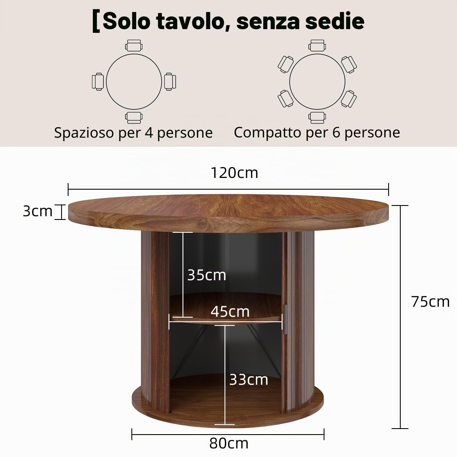 Tavolo da Pranzo Rotondo 120 cm, Tavolo Cucina per 4-6 Persone con Funzione di Ripostiglio e Portata fino a 150 kg, per Sala da Pranzo, Cucina, MDF, Noce Scuro, 120 x 120 x 75 cm