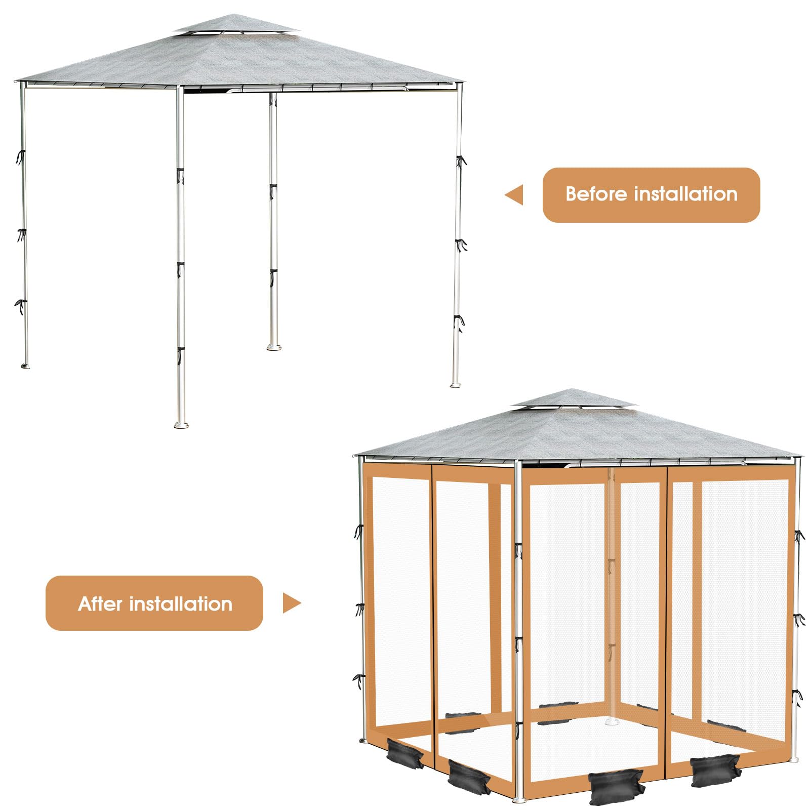 Zanzariera per esterni con cerniera a 2 vie, 4 porte, zanzariera per gazebo 10 x 10 per giardino/patio/padiglione, rete di ricambio per gazebo con 8 sacchi di sabbia, 52 ganci, 12 corde (solo