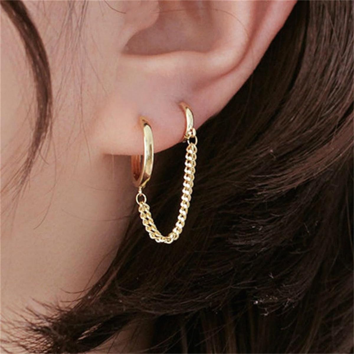 Minimalist Double Small Hoop Earrings for Women Silver Gold-Toned Link Chain Tassel Dangle Drop Huggie Hoops Earring Simple Ear Piercing Cuff Two Holes Jewelry for Sister Niece - Image 2