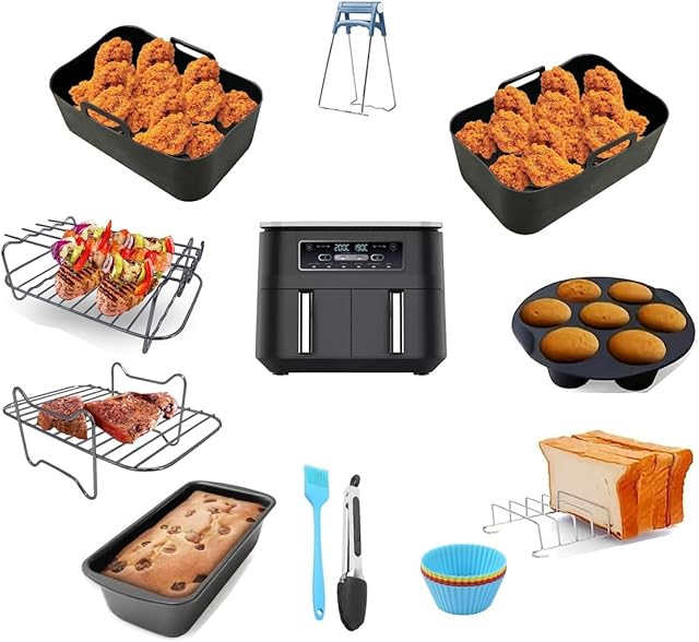 Air Fryer Accessories for Ninja Foodi Dual AF300UK 7.6L, AF400UK 9.5L,AF451UK 9.5L,Tower T17088 9L, Set of 11 Including Silicone Air Fryer Liners, Air Fryer Rack, Cake Mould