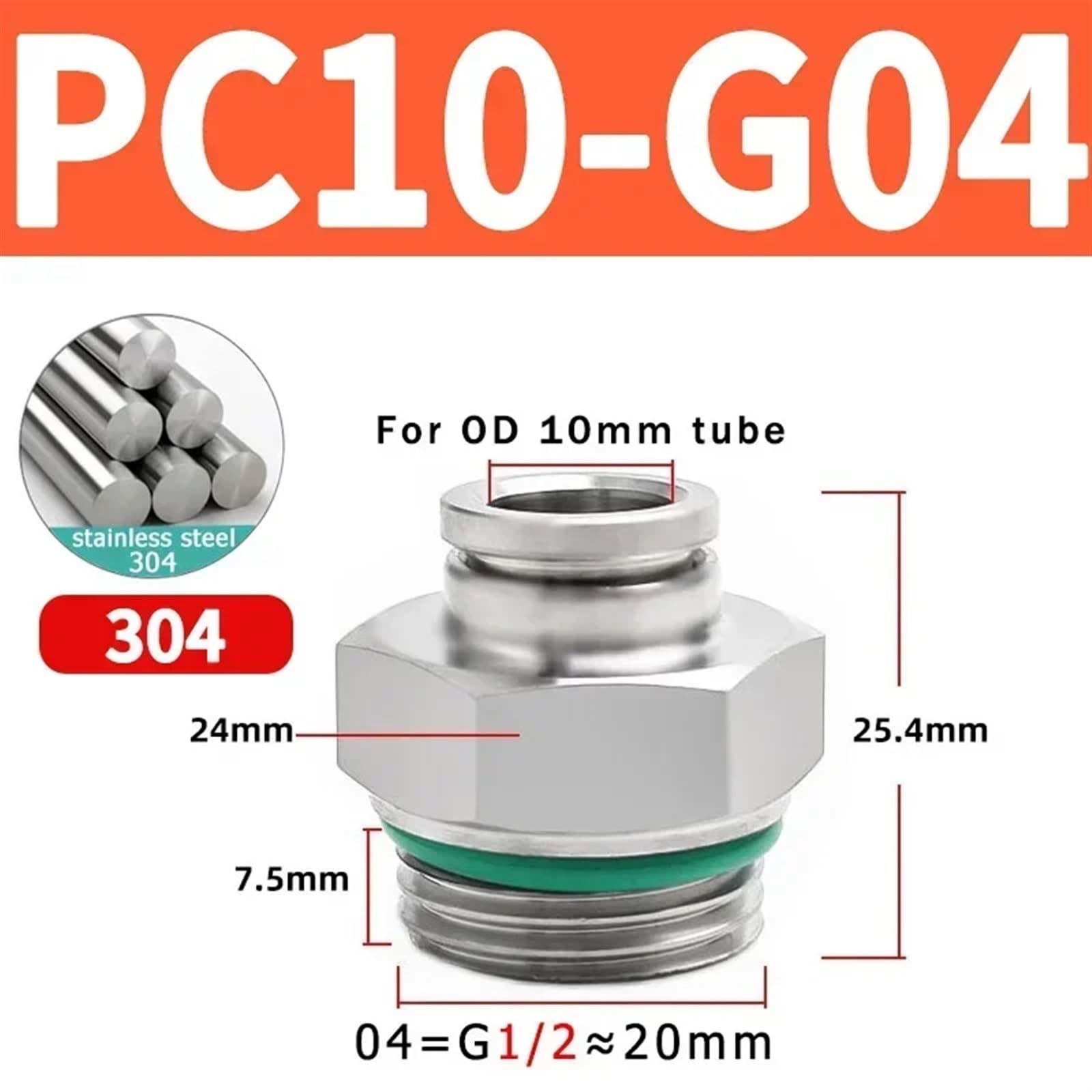 10 Uds. De acoplamiento rápido traqueal de acero inoxidable 304, conector rápido neumático de acoplamiento rápido, conector de PC-G recto de rosca G(Color:PC10-G04)