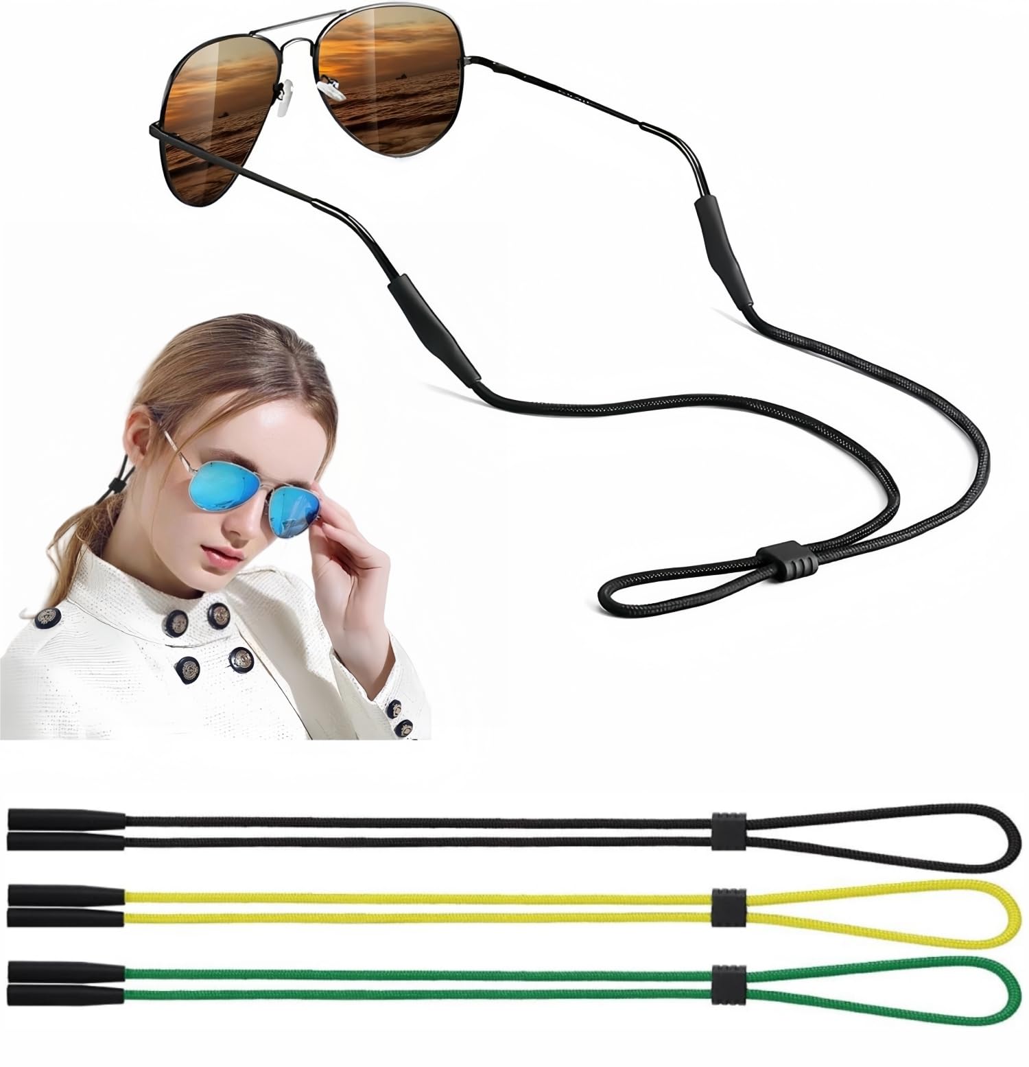 BANSTLE Eyeglasses Holder Strap - 3 Pcs Adjustable Eyewear String Lanyard Retainer - Sunglasses Strap for Men, Women and Kids - Eyeglass Holders Around Neck - Black, Yellow, Green