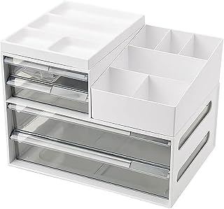 メイクボックス 収納ケース 文房具収納 引き出し 化粧品収納ボックス レターケース デスク収納 A4 小物収納ケース 小物入れ 書類ケース 卓上 机上 事務用品整理 ペン立て 透明 (A-ホワイト)