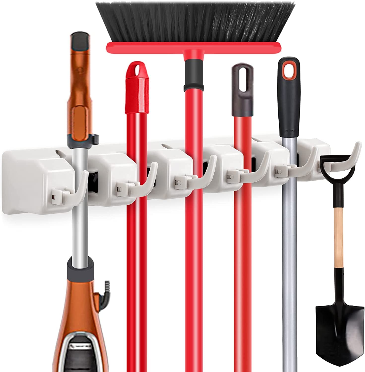 SHOPPERWORLD plastic Broom and Mop Holder Wall Mounted Hanger Organizer Stand, 5 Positions with 6 Hooks and Holds Up to 11 Tools (Multicolor , 10 Inch) (B07VGJL4L2) Amazon Price History, Amazon Price Tracker