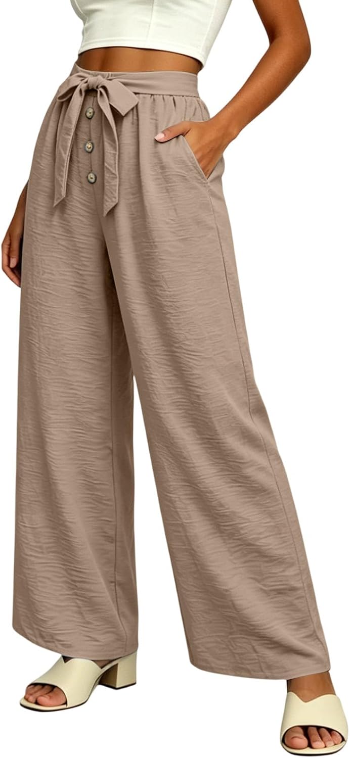 Women Linen Palazzo Pants Summer Boho Wide Leg High Waist Casual Lounge Pant Beach Vacation Outfits with Pockets
