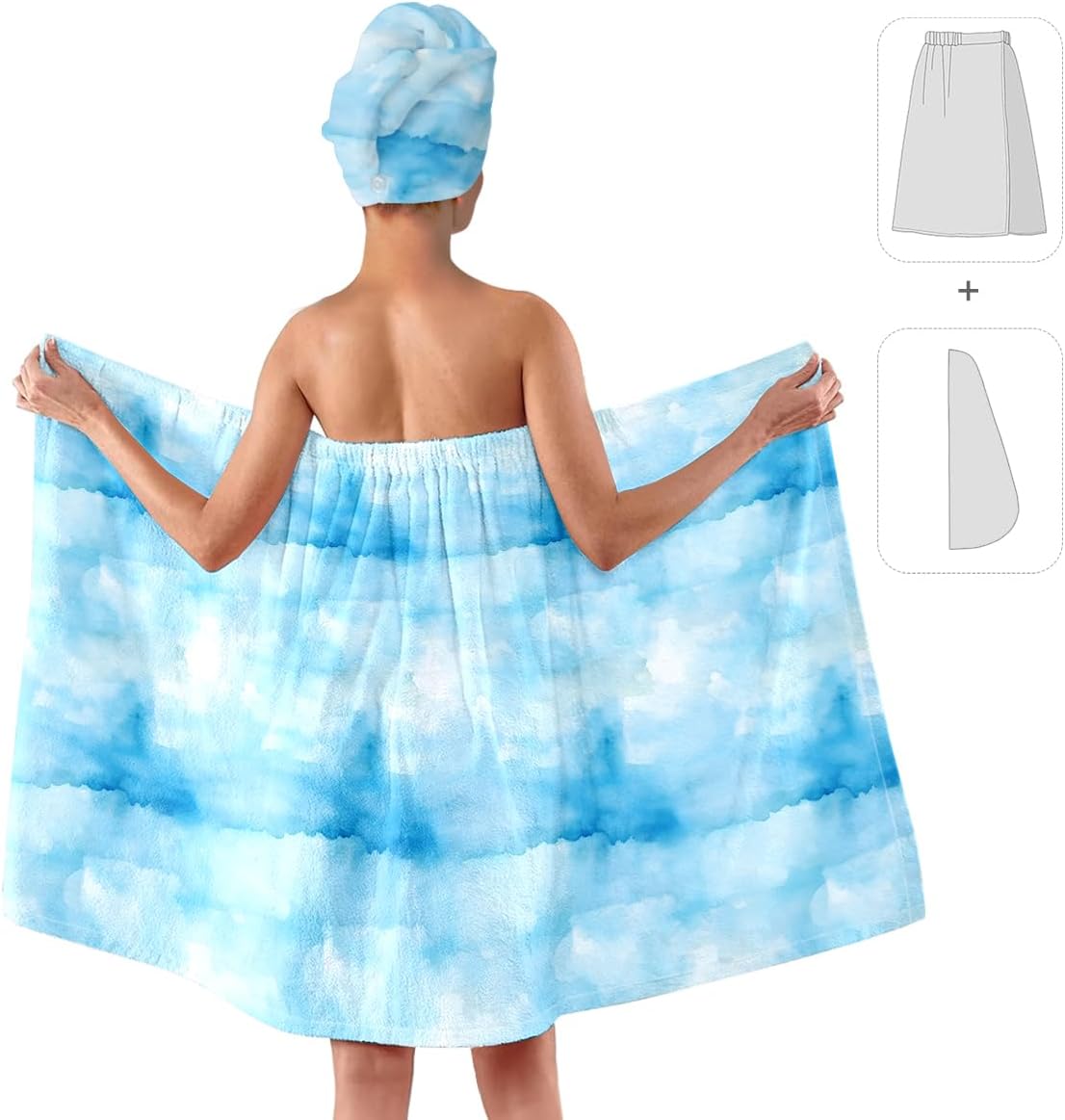 Spa Wrap Bath Towel Set with Hair Turban, Cloud Print Design, Sky Blue, Towel Robe for Women