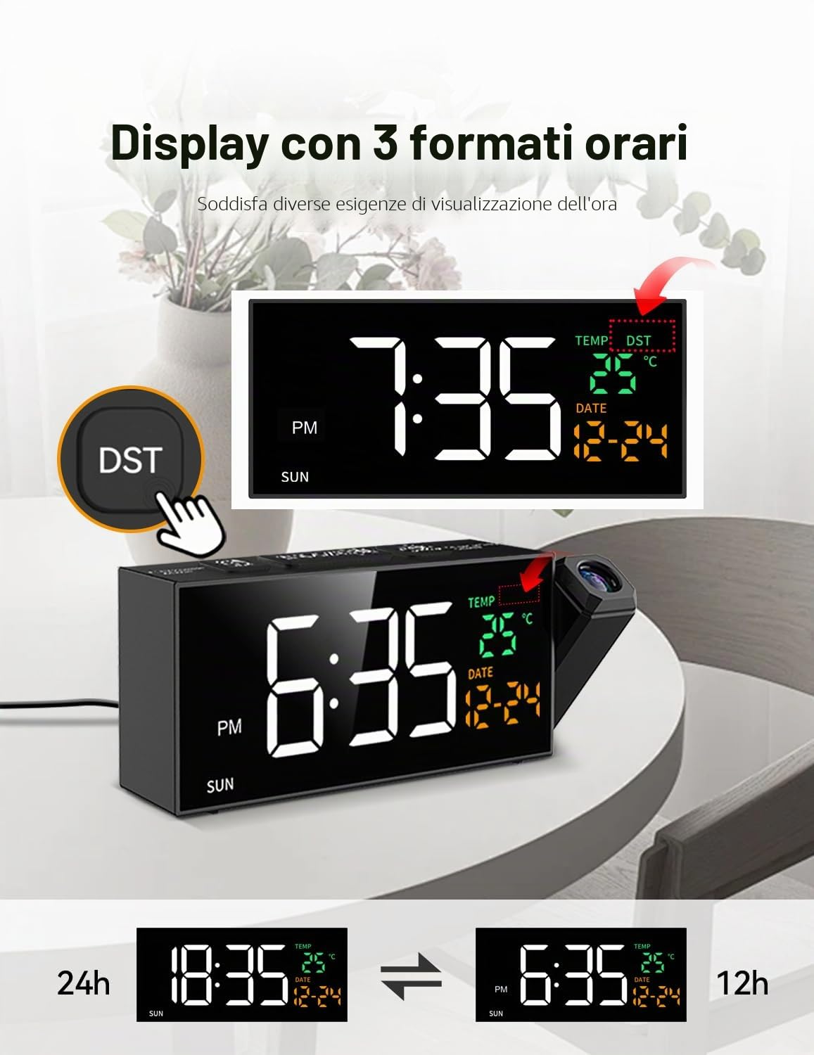 Sveglia digitale con funzione di proiezione, sveglia con proiettore a 350°, termometro, data, grande display, 10 suonerie, snooze, 5 luminosità, 4 volumi, DST manuale, sveglia rumorosa camera da letto