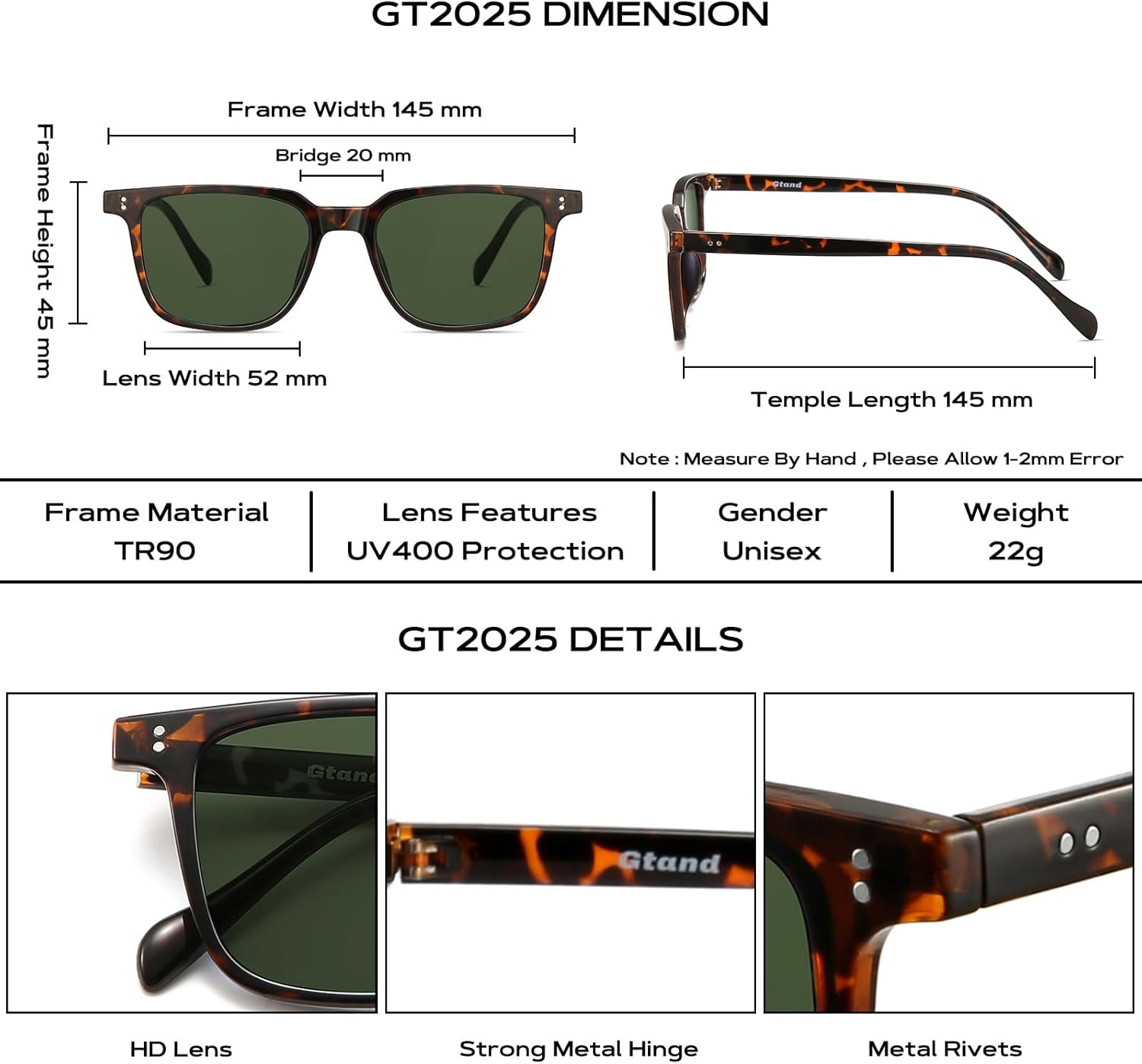 Gtand Unisex Vintage Retro Square Style Tinted Sunglasses For Men Women Fashion Rectangle Sun Glasses 52mm - Image 5