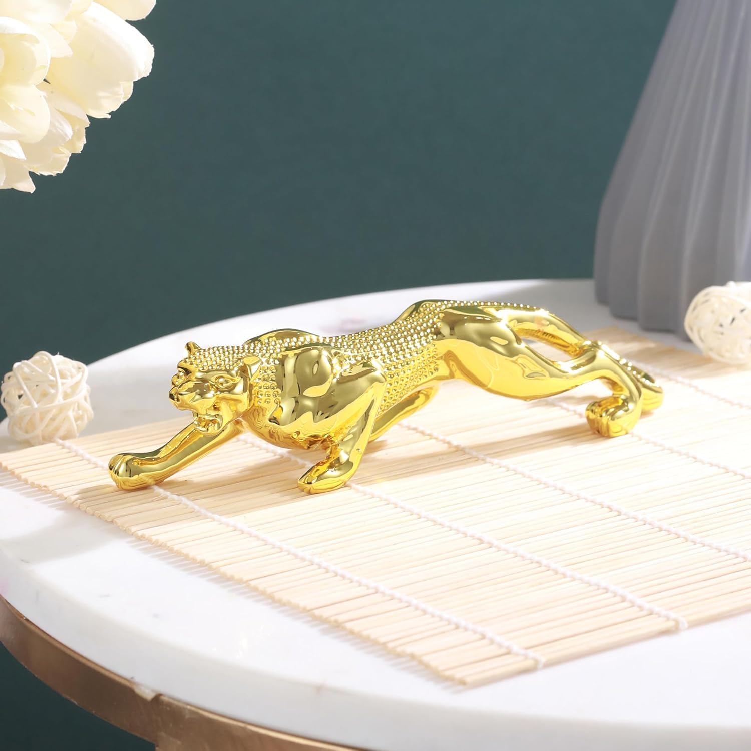 TIED RIBBONS Golden Panther Jaguar Leopard Sculpture Showpiece Animal Figurines Statue (Resin, 4 cm x 18 cm) Decorative Item for Home Decor Living Room Office Table Decoration Gifting