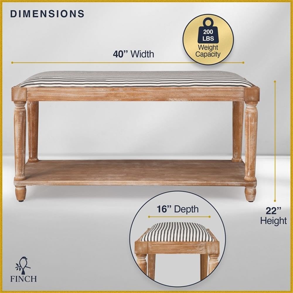 Pemberly Row Modern Upholstered Bench, Natural Finish, Black and White Striped Fabric Seat, Wood Frame with Turned Legs, Cottage Style, Lower Storage Shelf, Living Room or Entryway Seating