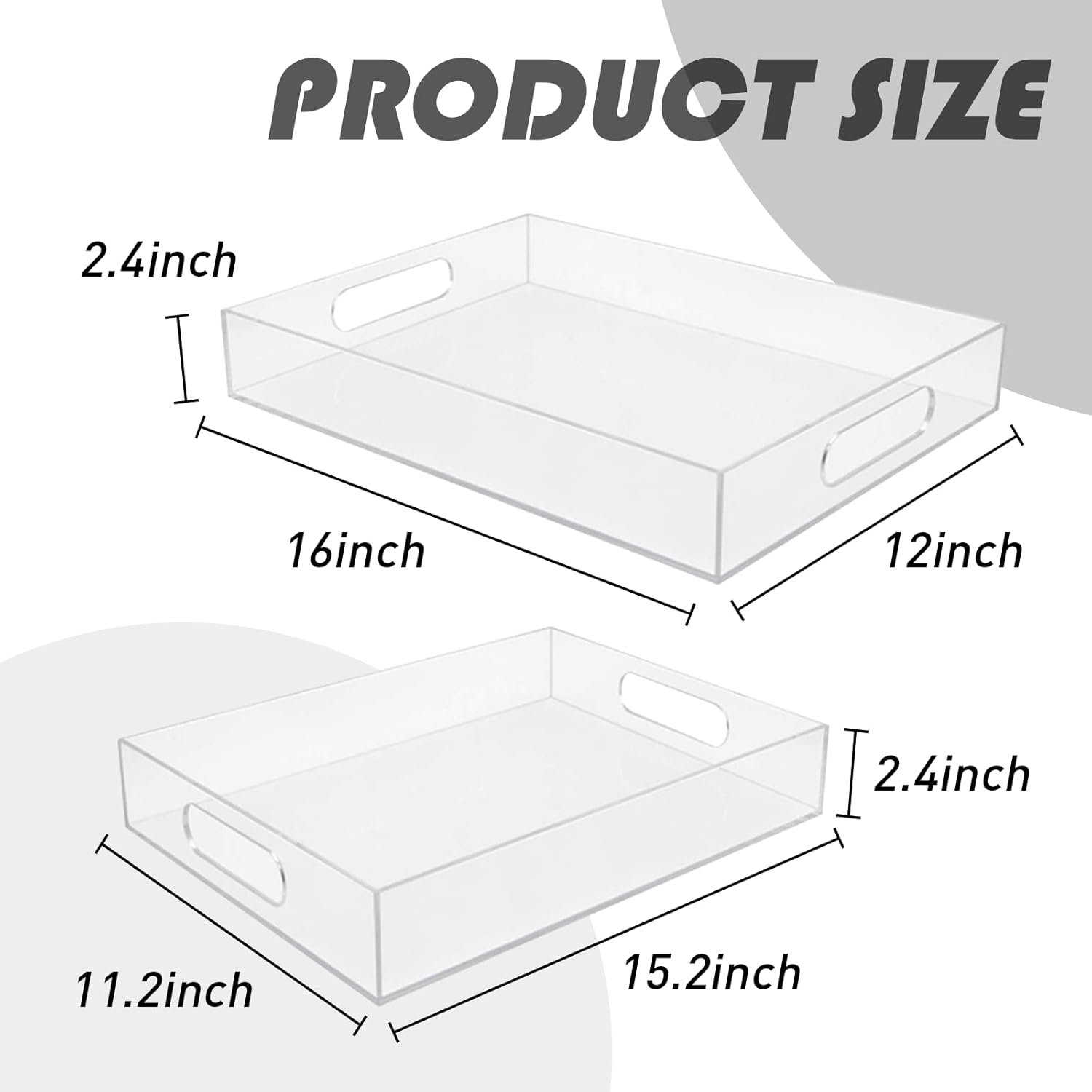 2 Pcs Clear Acrylic Serving Tray, 16" x 12",15.2" x 11.2" Plastic Tray with Handles Clear Decorative Lucite Tray for Food, Tea, Snacks, Kitchen, Fruit - Image 2