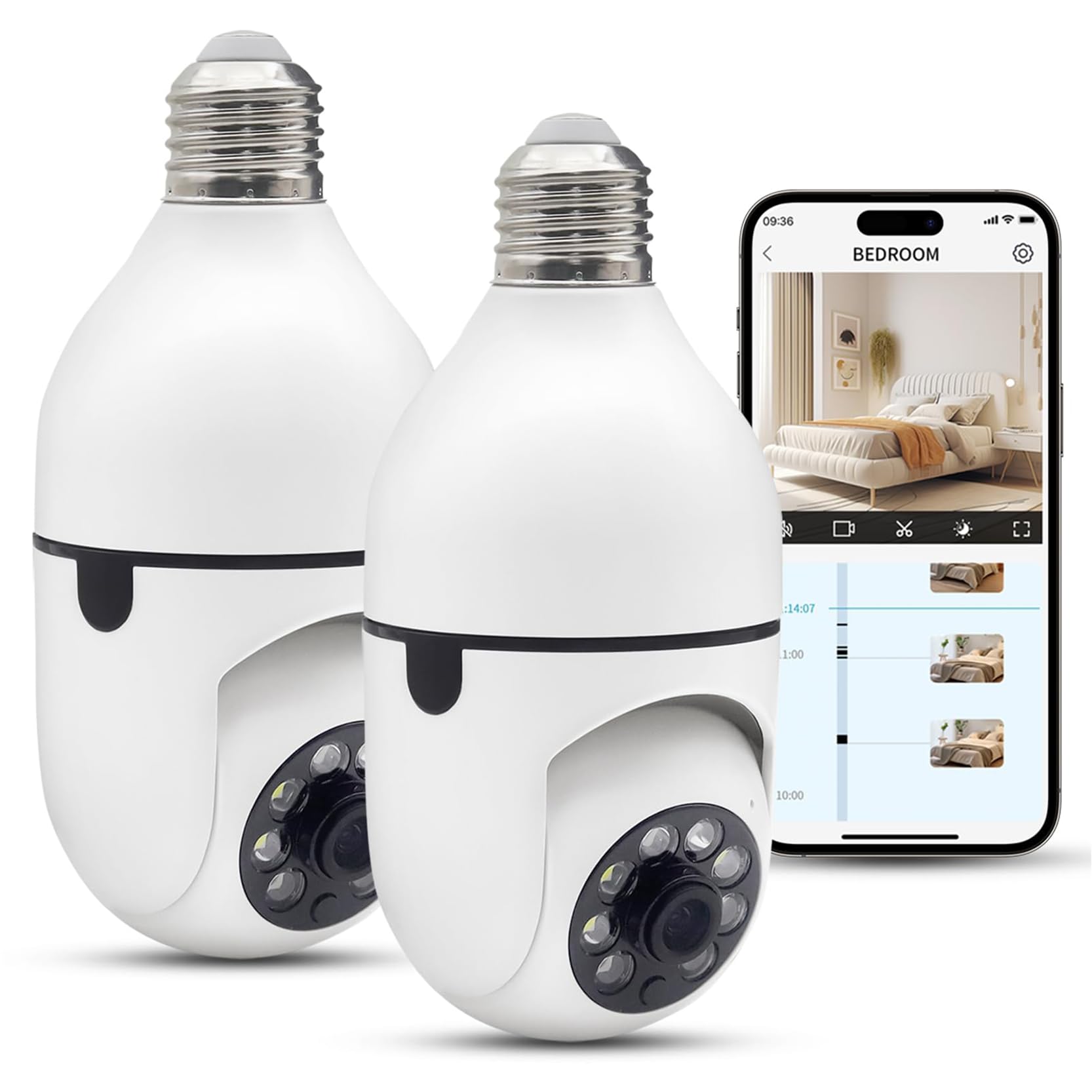 YnGia Camera with Light Socket 2.4G 355 Degree for Home Security, Motion Tracking, Two Way Talk, Night Vision, 24/7 Recording, 2PCS