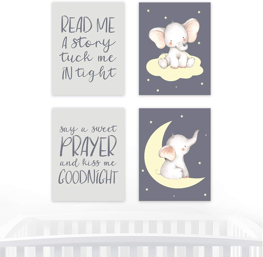 Andaz Press Nursery Kids Room Art Unframed Wall Art Poster Home Decor, 8.5x11-inch, Read Me a Story Tuck Me In Tight Say a Sweet Prayer Kiss Me Goodnight, Elephant Moon, 4-Pack, No Frames