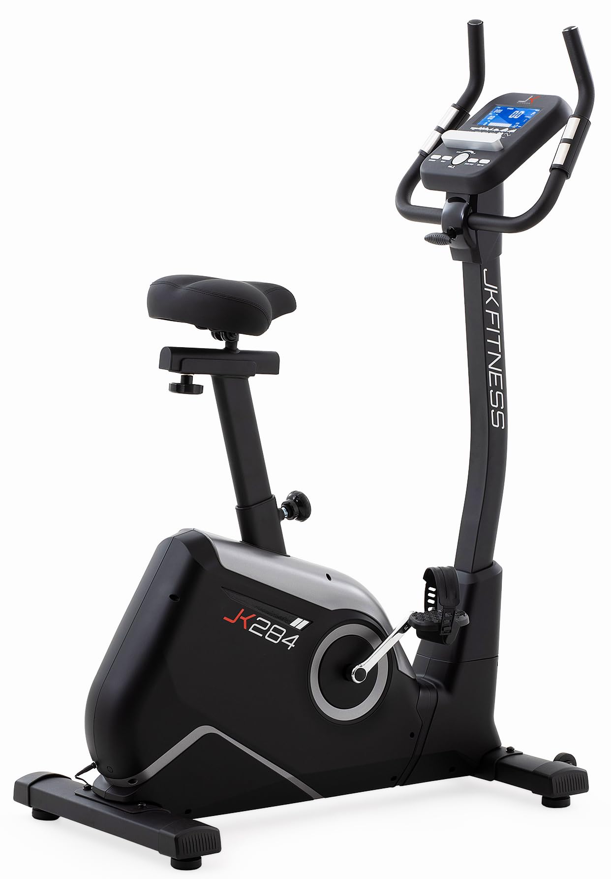 JK FITNESS Cyclette Elettromagnetica JK284【Volano 12 Kg | 32 Livelli di Resistenza】 Display LCD Multifunzione | Programmi Preimpostati | Connettività App | Sella Ergonomica Regolabile