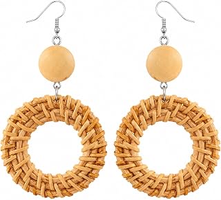 Handmade Rattan Teardrop Dangle Earrings for Women, Lightweight Boho Woven Statement Earrings with Gold Fish Hook, Natural Straw Weave Vacation Jewelry for Summer Beach