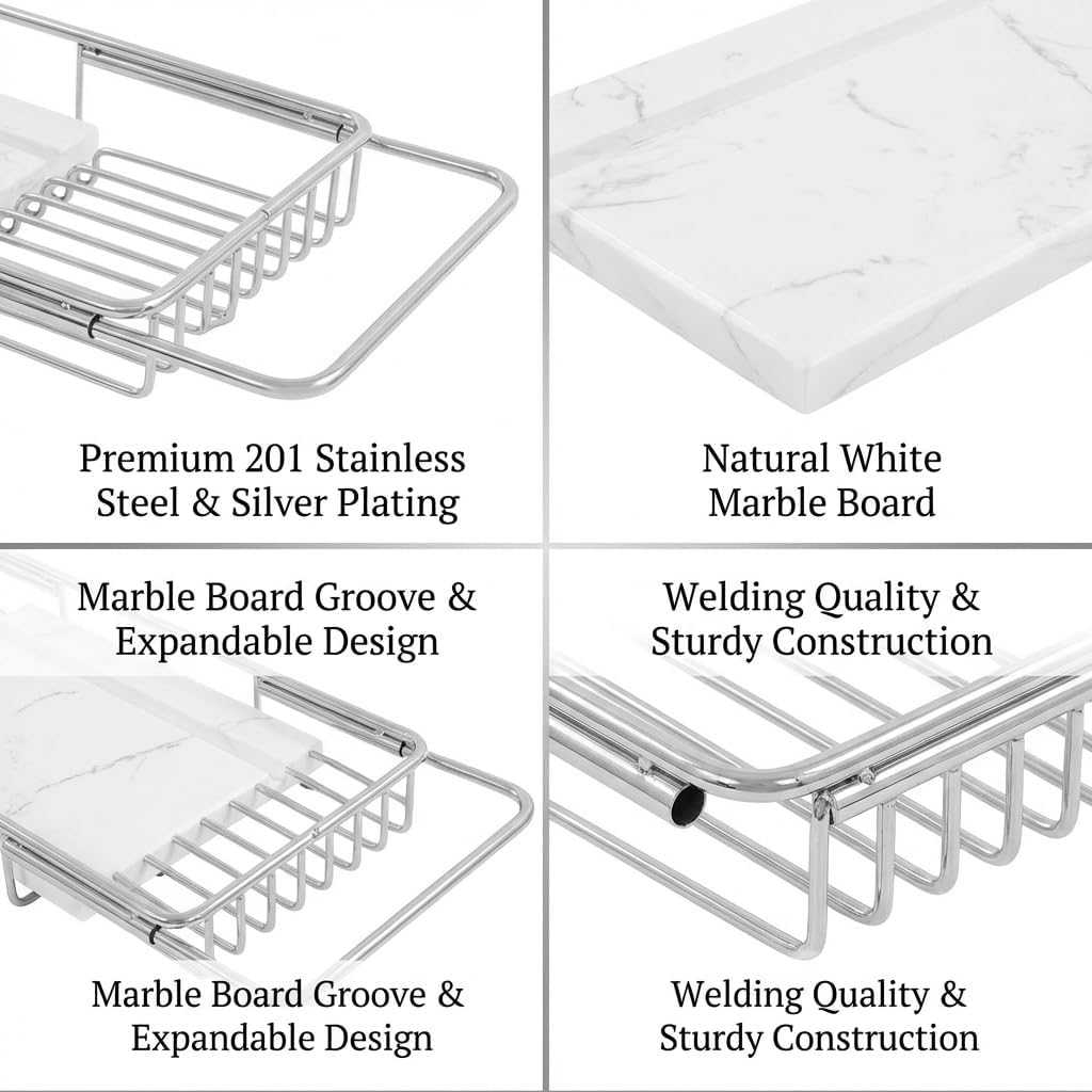 Bathtub Tray Caddy for Luxury Bath, Stainless Steel 26.8-35.4 in Expandable Extra Wide Bath Tub Tray with Natural Marble and Mobile/Tablet Stand, Ideal for Home Spa Lovers (Silver + White)