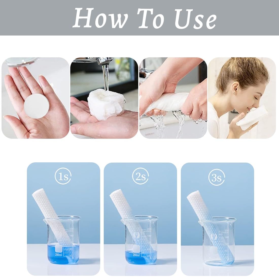 50 salviette a forma di compressa, 100% biodegradabili, mini panni pressati, salvaspazio, morbidi, assorbenti, utilizzabili con acqua, rinfrescanti, per la pulizia