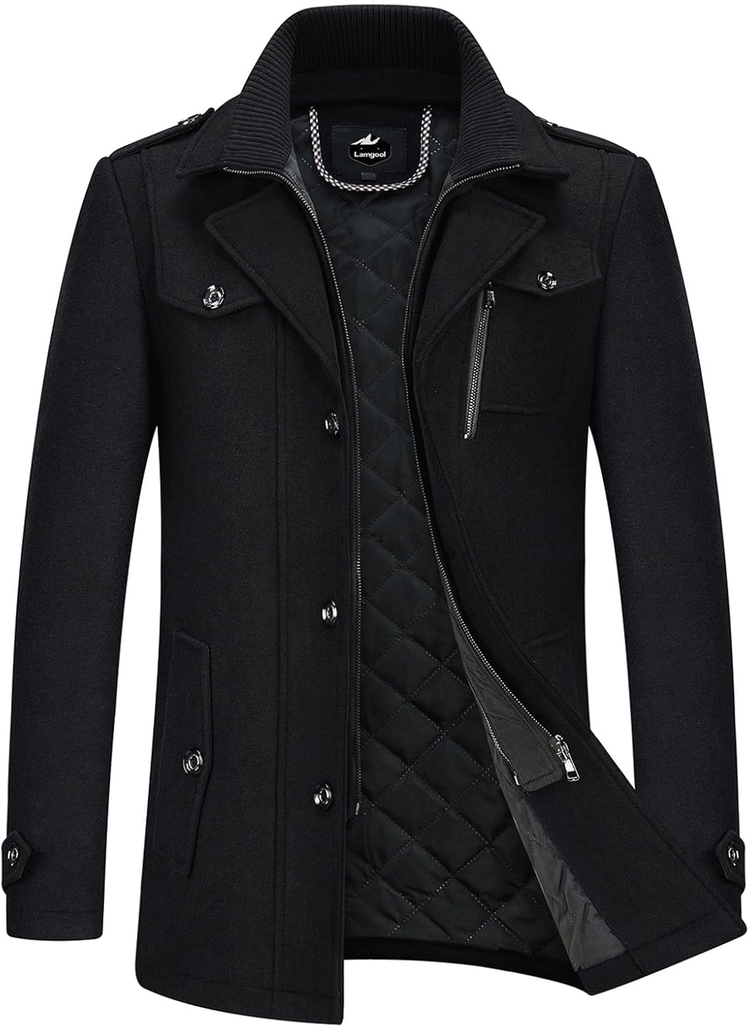 Lamgool Men's Winter Wool Blend Coat Casual Business Single Breasted Peacoat - Image 2