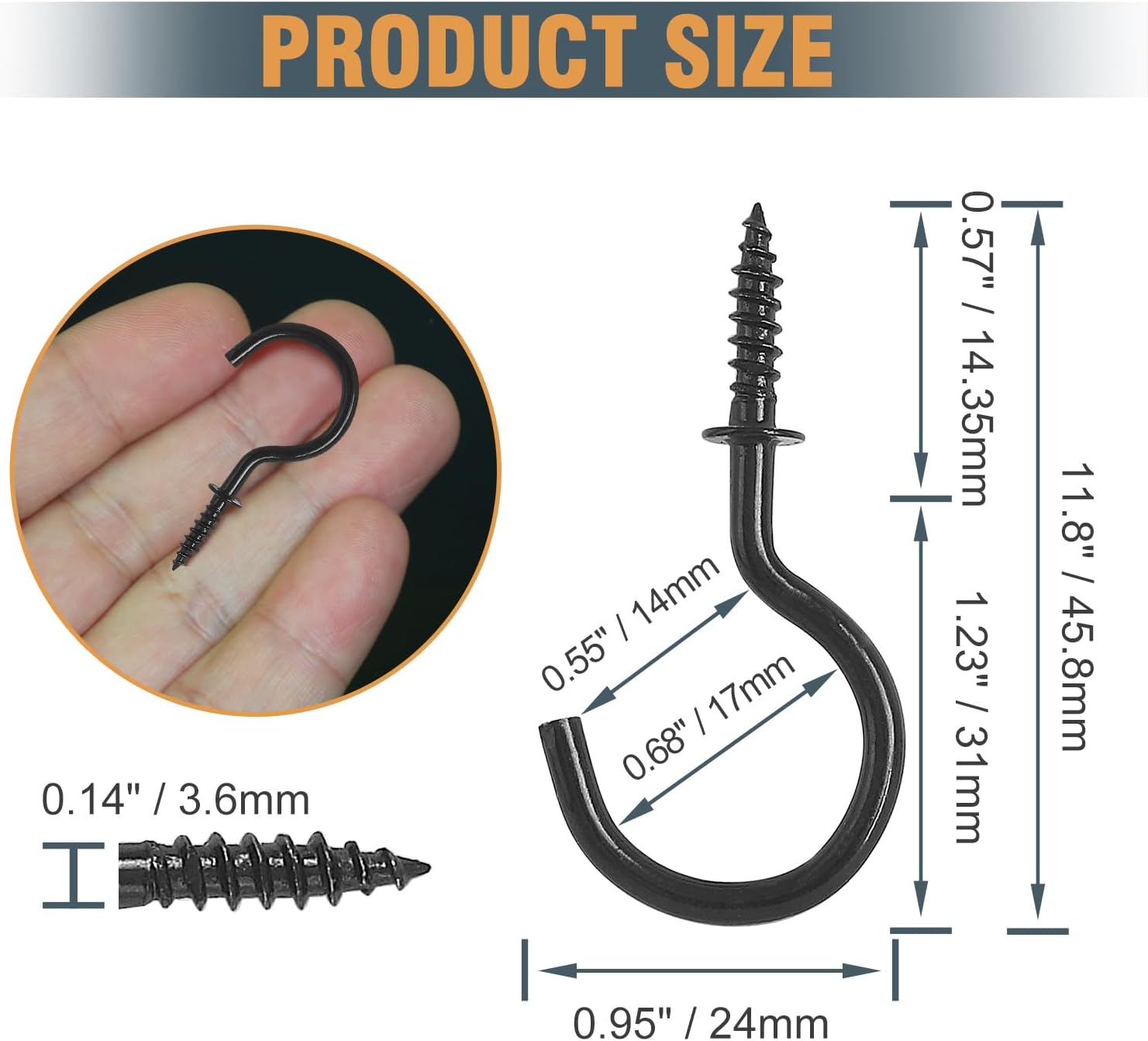 50pcs 1-1/4 Inch Black Ceiling Hooks - Heavy Duty, Nickel Plated Screw-in Hooks image 4