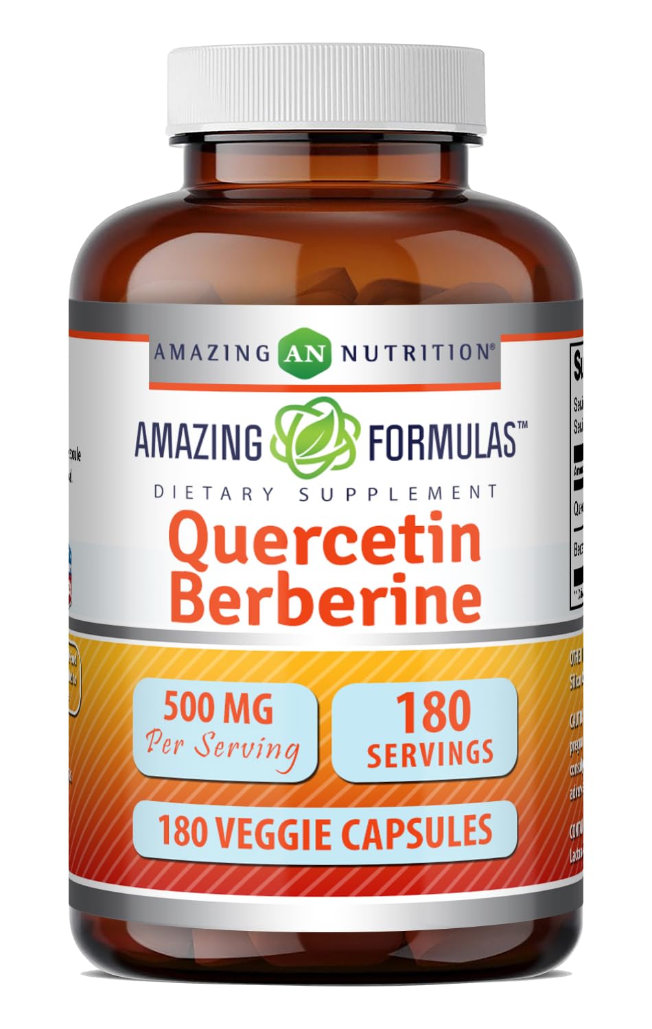 Amazing Formulas Quercetin Berberine - 250mg Berberine and 250mg Quercetin, 180 Veggie Capsules Supplement | Non-GMO | Gluten Free | Made in USA | Ideal for Vegetarians Unflavored, 180 Count