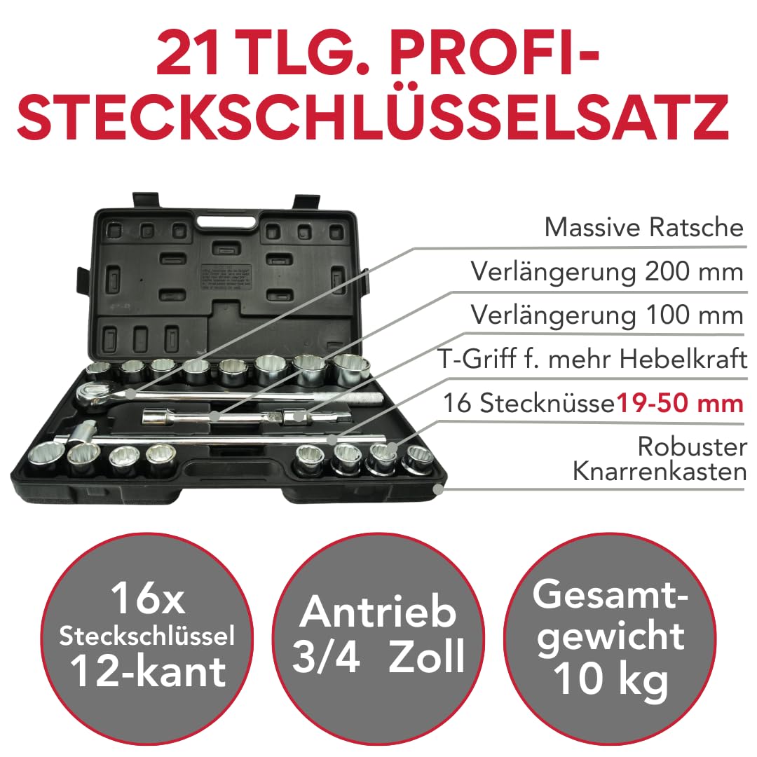 Steckschlüsselsatz 3/4" 21-tlg 19–50 mm 12-kant CrV-Stahl Im Koffer | Profi Ratschenkasten Knarrenkasten Vielzahn Nüsse Stecknuss Set