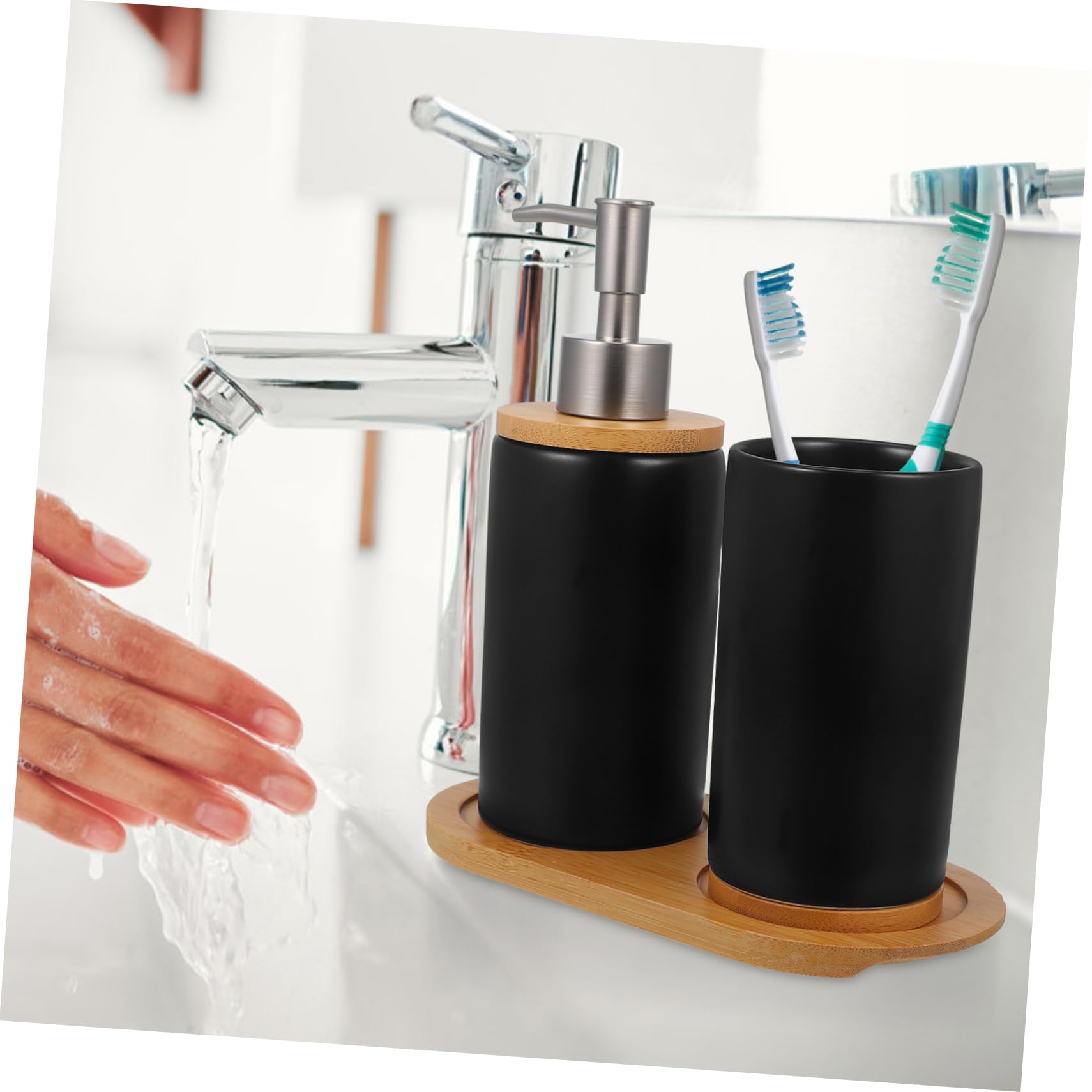 Set Accessori Bagno in Ceramica e Bambù Dispenser Sapone e Bicchiere da 350ml, Design Semplice e Portatile per Bagno e Regali House Warming