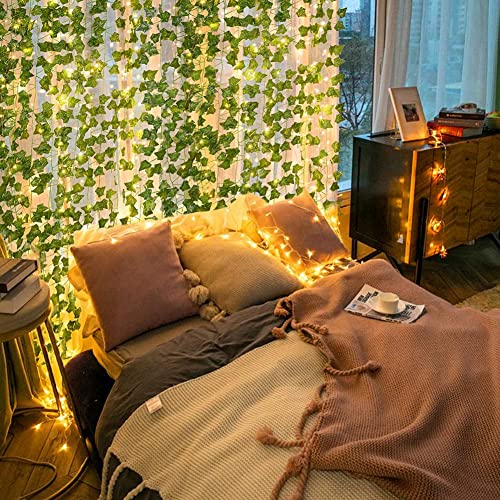 Image of MoonlitDreams 7ft Artificial Money Plant Vine with 30 Warm White LED Lights, Battery Operated Copper Wire String, Decorative Hanging Creeper for Bedroom, Wall, Balcony & Home Decor